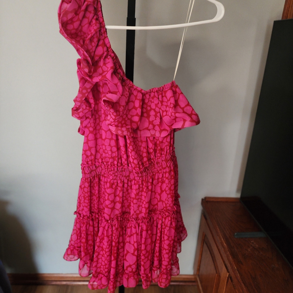Misa Los Angeles One-Shoulder Ruffle Dress in Hot Pink Print - Picture 2 of 3